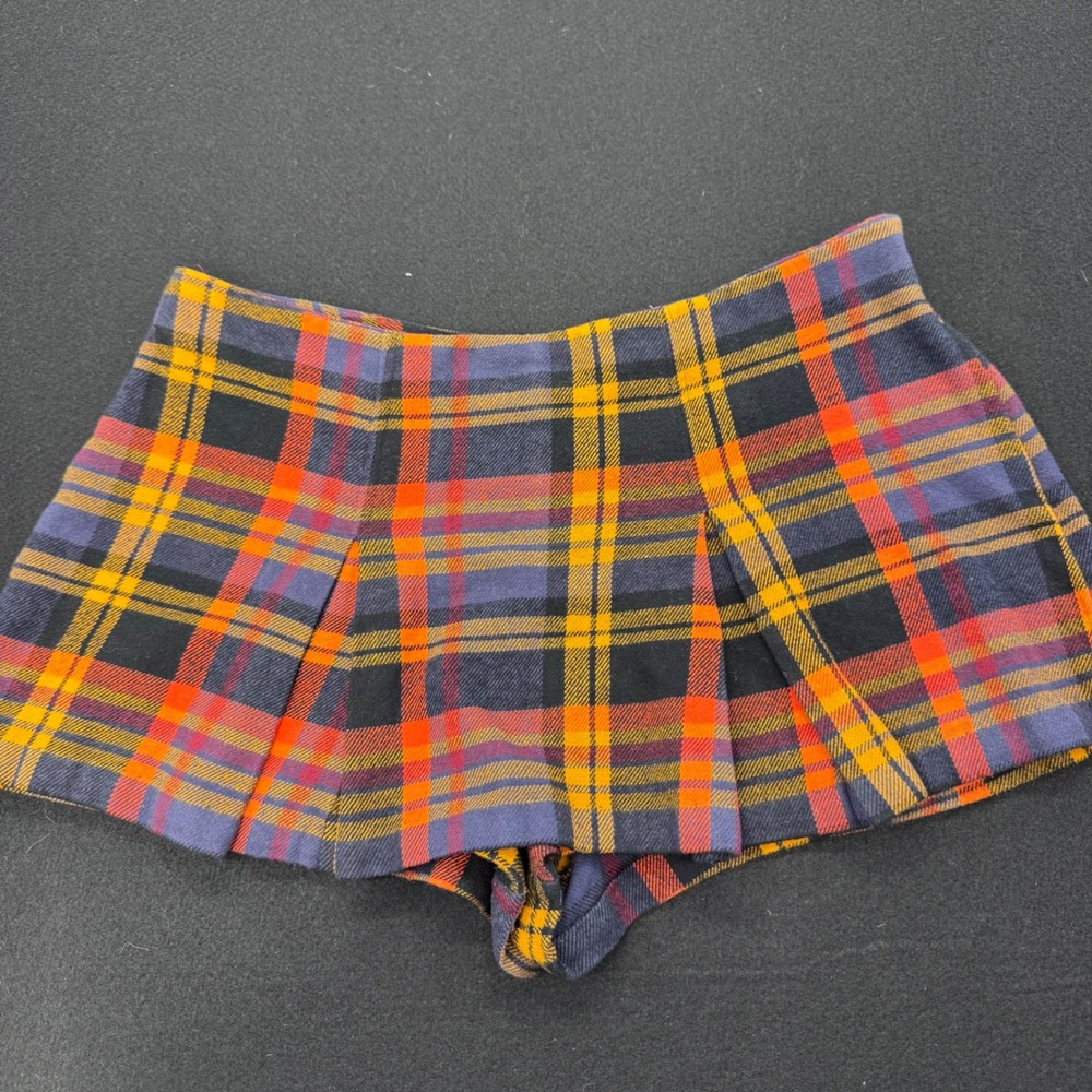 Free People Plaid Pleated Mini Skort Orange Navy Blue Cotton Size 4 OB1590996
